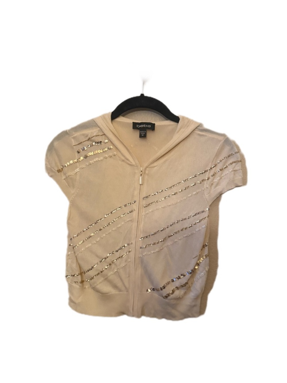 Y2K bebe Cream Knit V-Neck Asymmetrical Sequince Cropped Hoodie